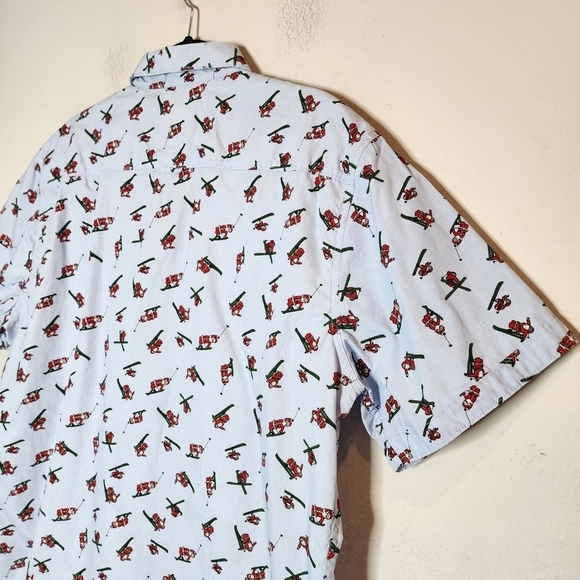 MBX skiing santa short sleeve button down shirt. Blue/Red. - Picture 8 of 16